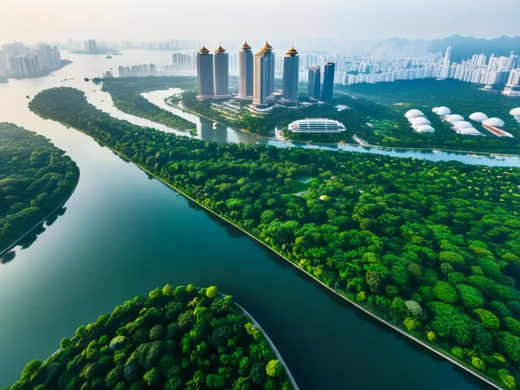 Vista aérea impactante de arquitectura asiática y modernos rascacielos entre exuberante naturaleza y agua, reflejando armonía en el cambio climático