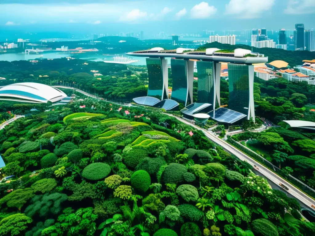 Vista aérea impactante de Singapur, con su arquitectura sostenible integrada en el paisaje urbano