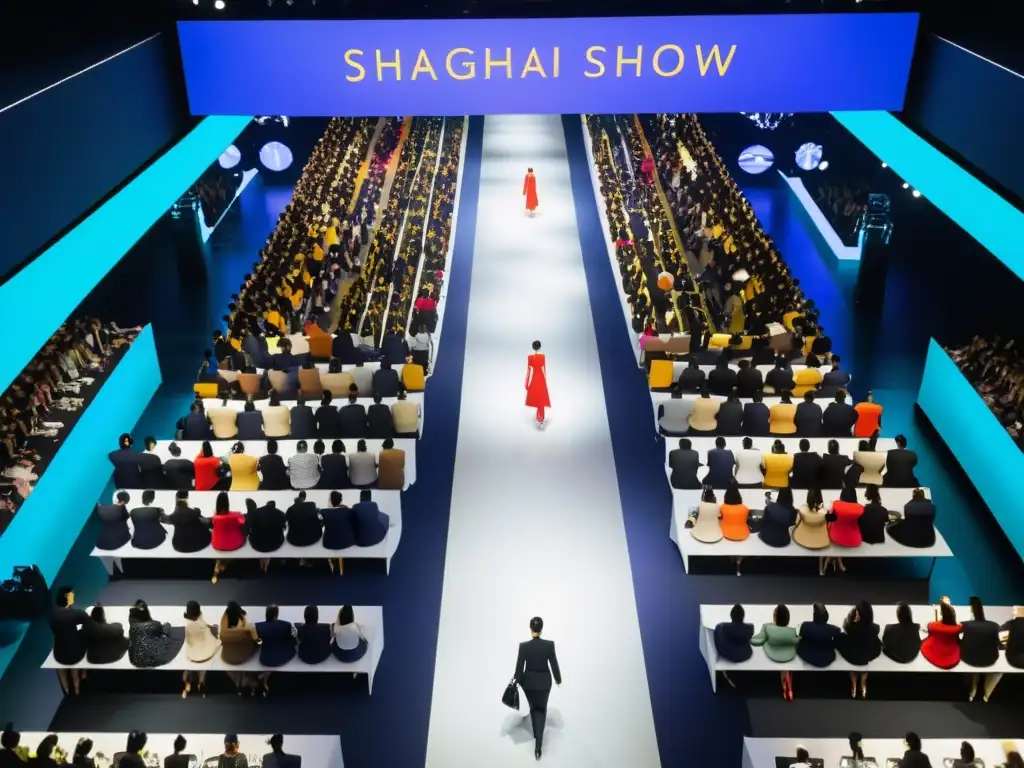 Una vista aérea impactante de un bullicioso desfile de moda de lujo en Shanghai, China, con diseños modernos y una audiencia elegante