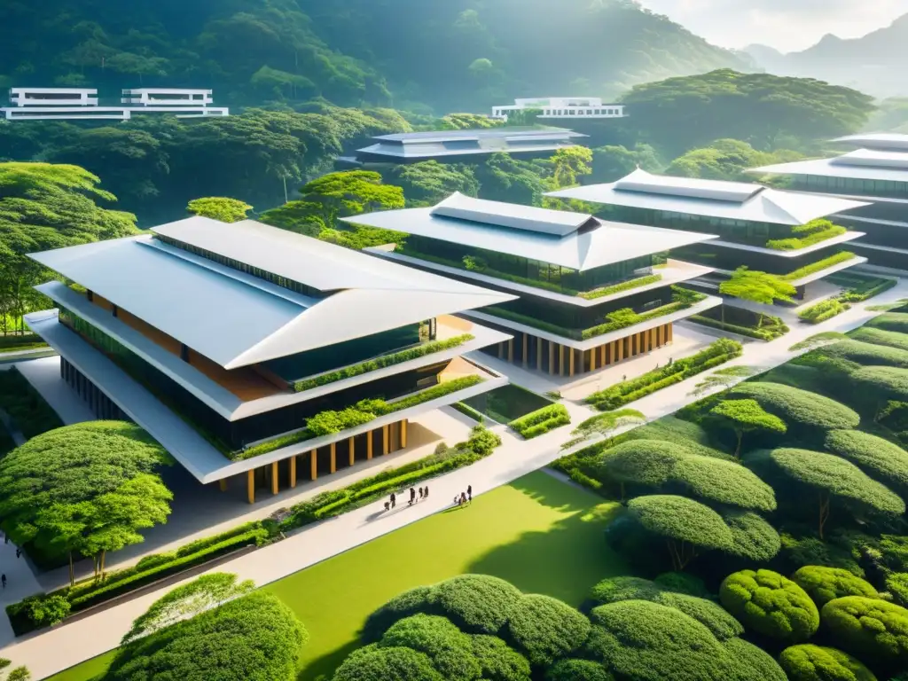 Vista aérea impactante de un campus universitario asiático, con arquitectura moderna y espacios al aire libre innovadores para el aprendizaje