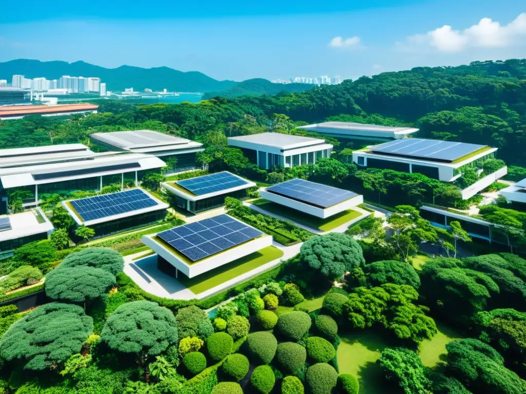 Vista aérea impactante de la Universidad de Tecnología y Diseño de Singapur, mostrando su arquitectura moderna asiática sostenible con jardines en la azotea, paneles solares y características arquitectónicas únicas