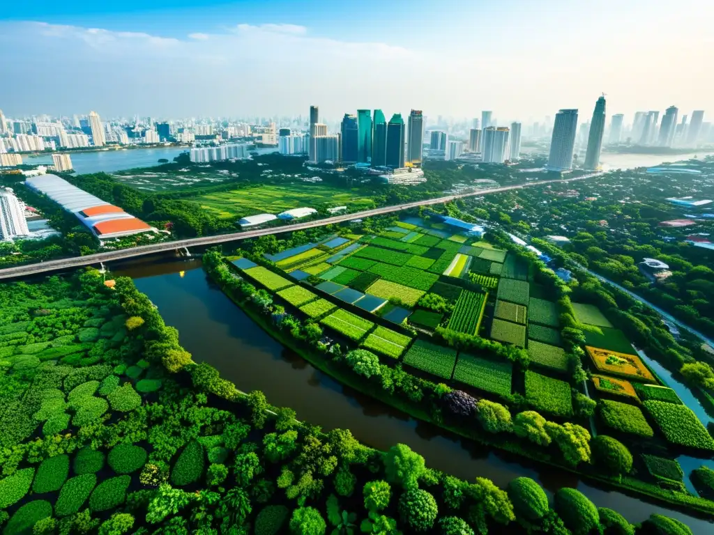 Vista aérea impactante de Bangkok con jardines y granjas en alturas asiáticas