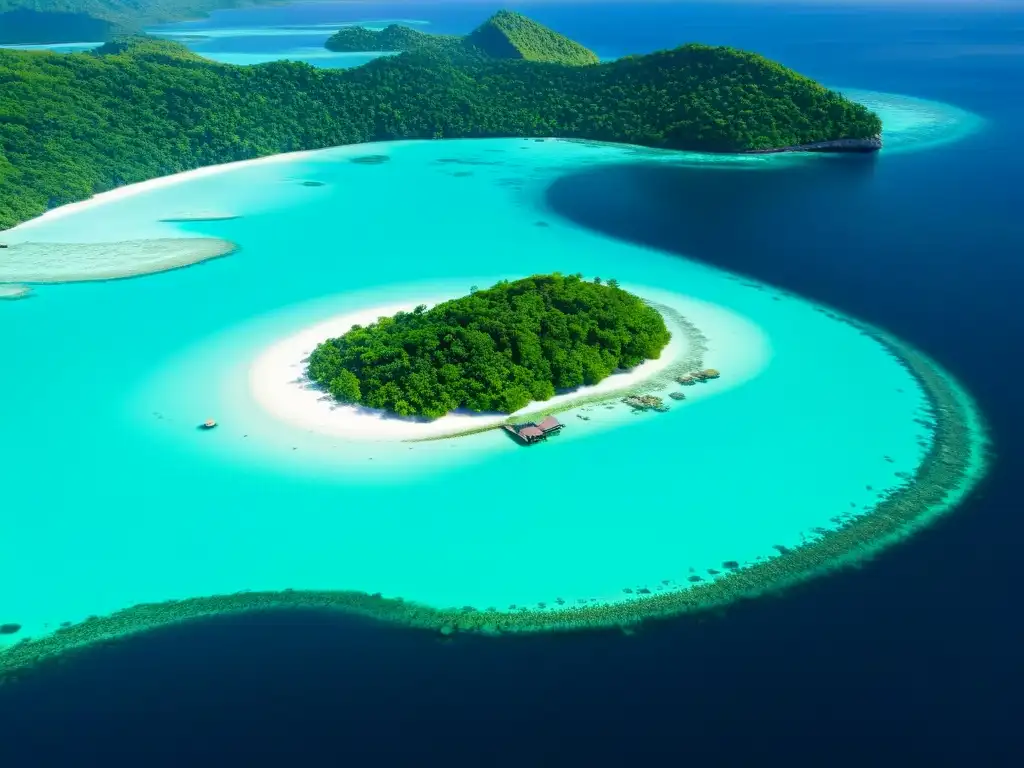 Vista aérea impresionante de aguas turquesas cristalinas alrededor de las islas Togian, descubriendo paraísos ocultos en el mar de Asia