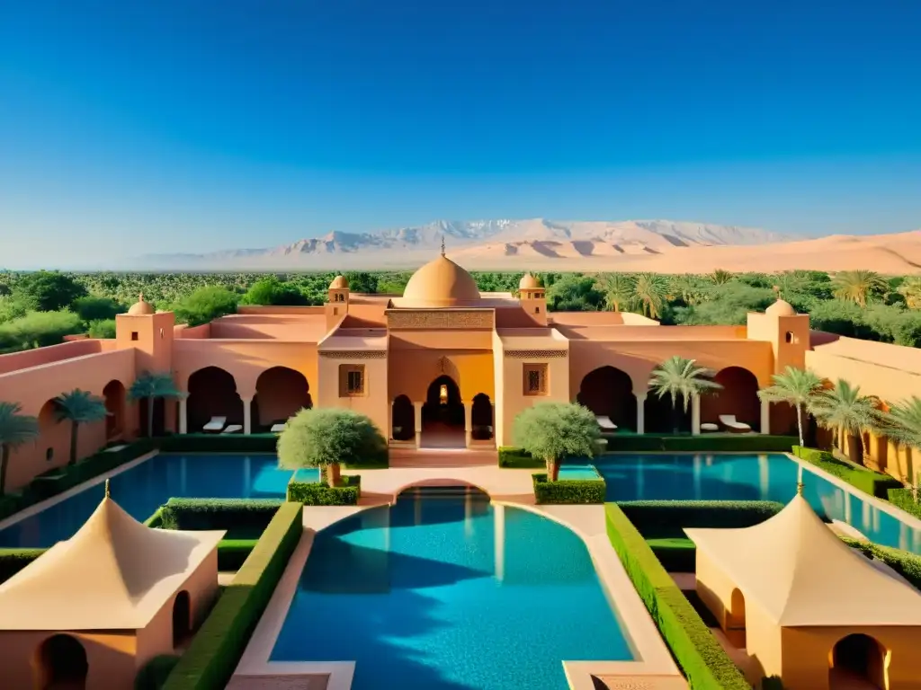 Vista aérea impresionante de Amanjena, un resort de lujo en Marrakech con arquitectura marroquí, piscina azul y montañas Atlas