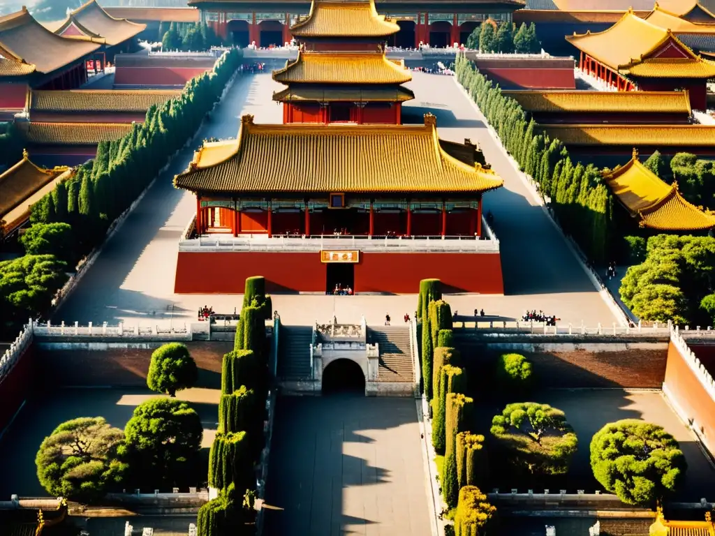 Vista aérea impresionante de la antigua Ciudad Prohibida en Beijing, China, con su diseño arquitectónico intrincado y esquema de colores rojo y dorado