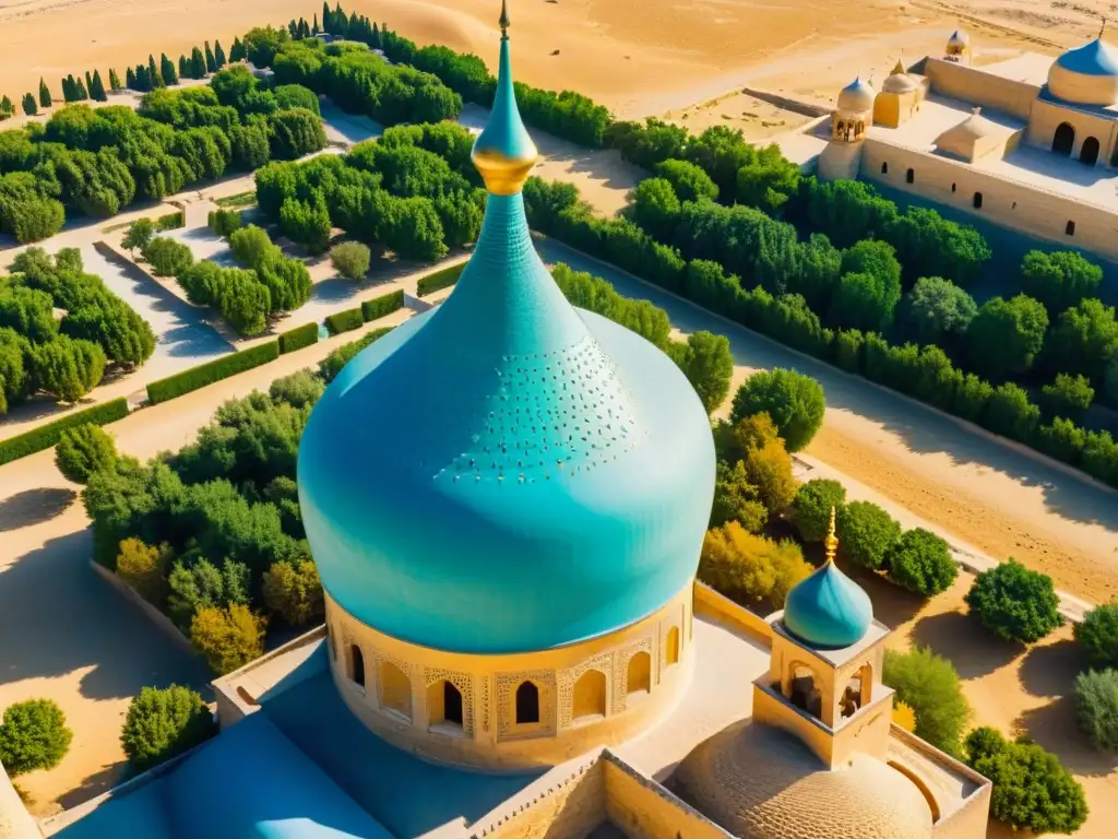 Una vista aérea impresionante de la antigua ciudad de Bujará en Uzbekistán, con sus calles laberínticas, altos minaretes y mezquitas ornamentadas, rodeadas por el vasto desierto de Asia Central