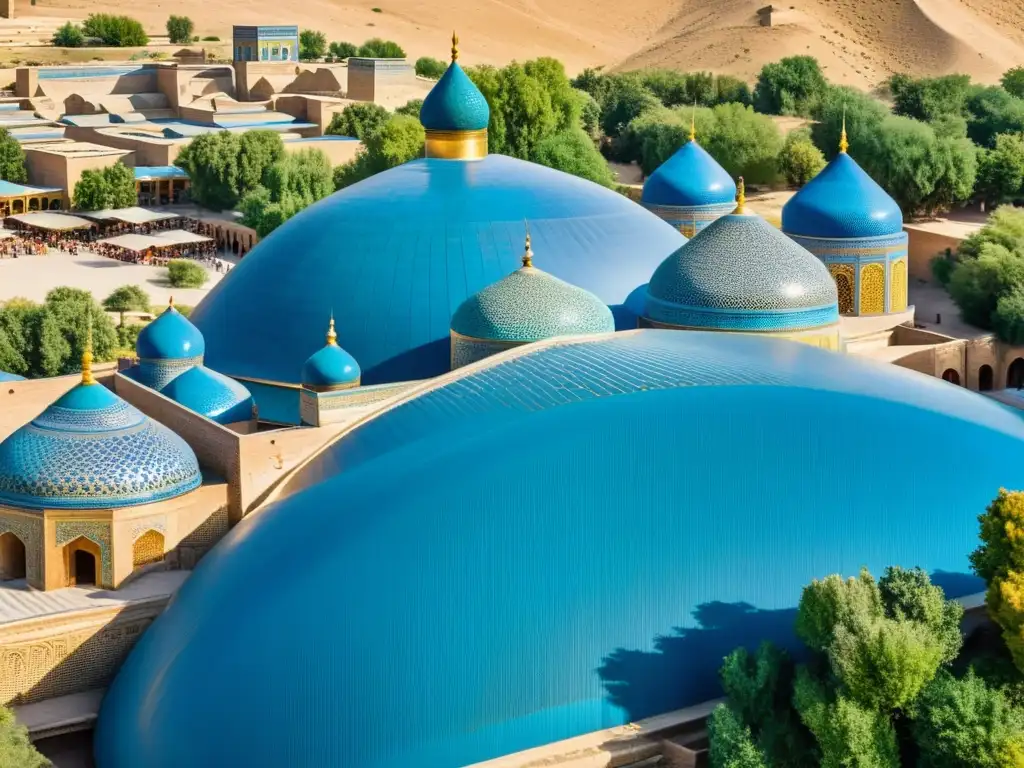 Vista aérea impresionante de la antigua ciudad de Samarkanda, con sus intrincadas arquitecturas en mosaico azul y mercados bulliciosos, entre el paisaje árido de Uzbekistán