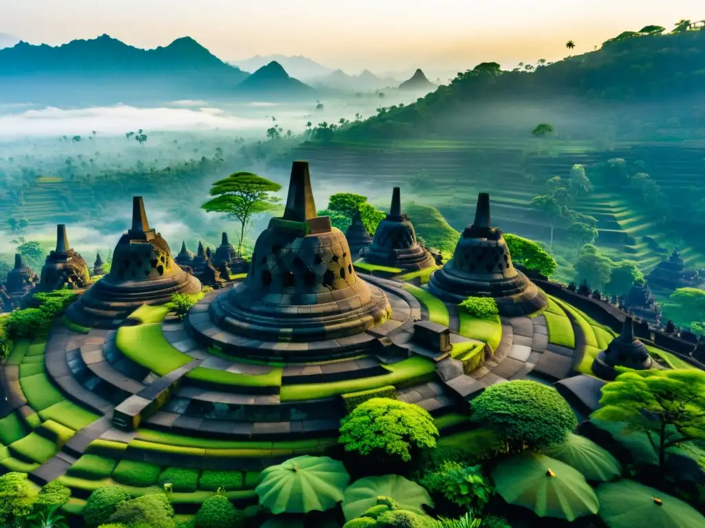 Vista aérea impresionante del antiguo templo Borobudur en Indonesia, rodeado de exuberante vegetación y montañas brumosas