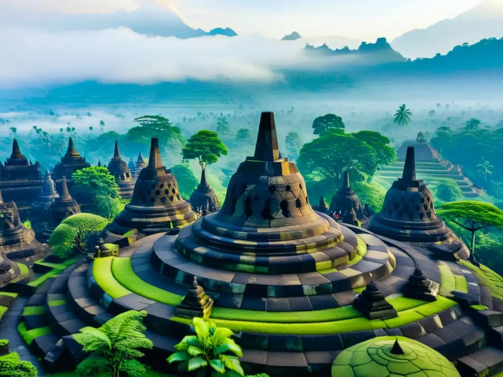 Una vista aérea impresionante del antiguo templo de Borobudur en Indonesia, rodeado de exuberantes árboles verdes y montañas brumosas al fondo