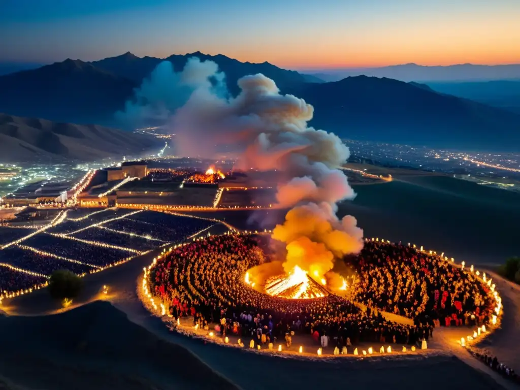 Una vista aérea impresionante del antiguo festival Sadeh en Persia, con fuegos tradicionales iluminando la noche