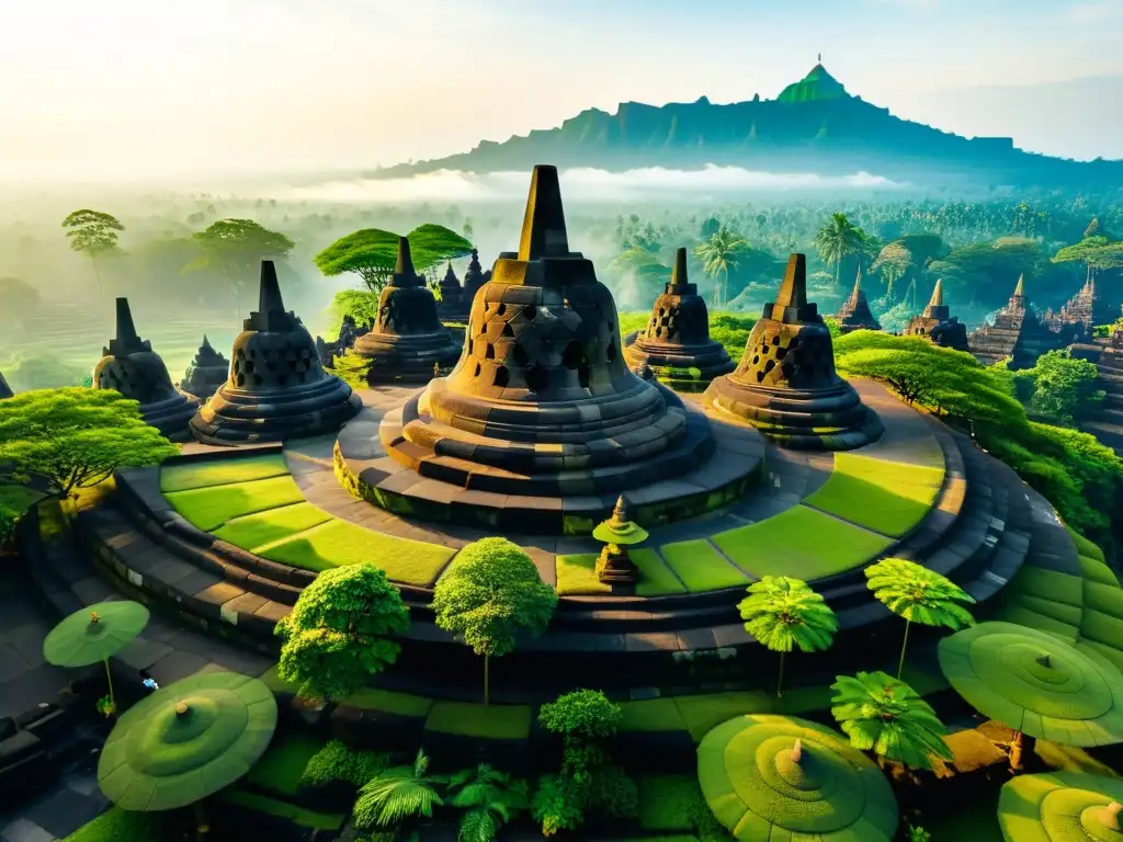 Vista aérea impresionante del antiguo templo Borobudur en Indonesia, rodeado de exuberante vegetación, iluminado por la suave luz matutina