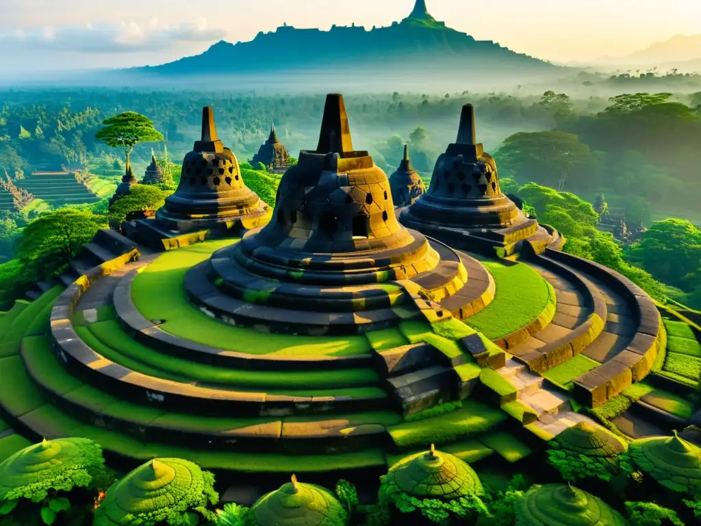 Vista aérea impresionante del antiguo templo Borobudur en Indonesia, con detalles de piedra y exuberante paisaje verde