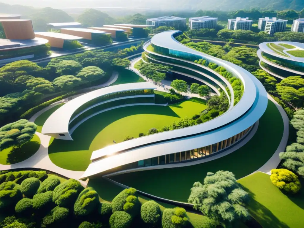 Vista aérea impresionante de arquitectura campus asiático, integrando edificios futuristas con espacios verdes