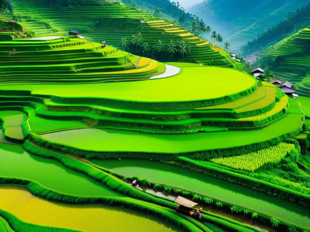 Vista aérea impresionante de arrozales verdes en cascada, con agricultores en ropa tradicional