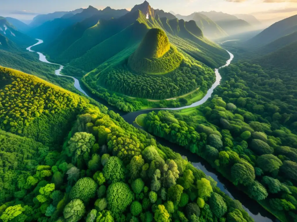 Vista aérea impresionante de un bosque exuberante entre montañas, reflejando la armonía y la relación del budismo con la naturaleza