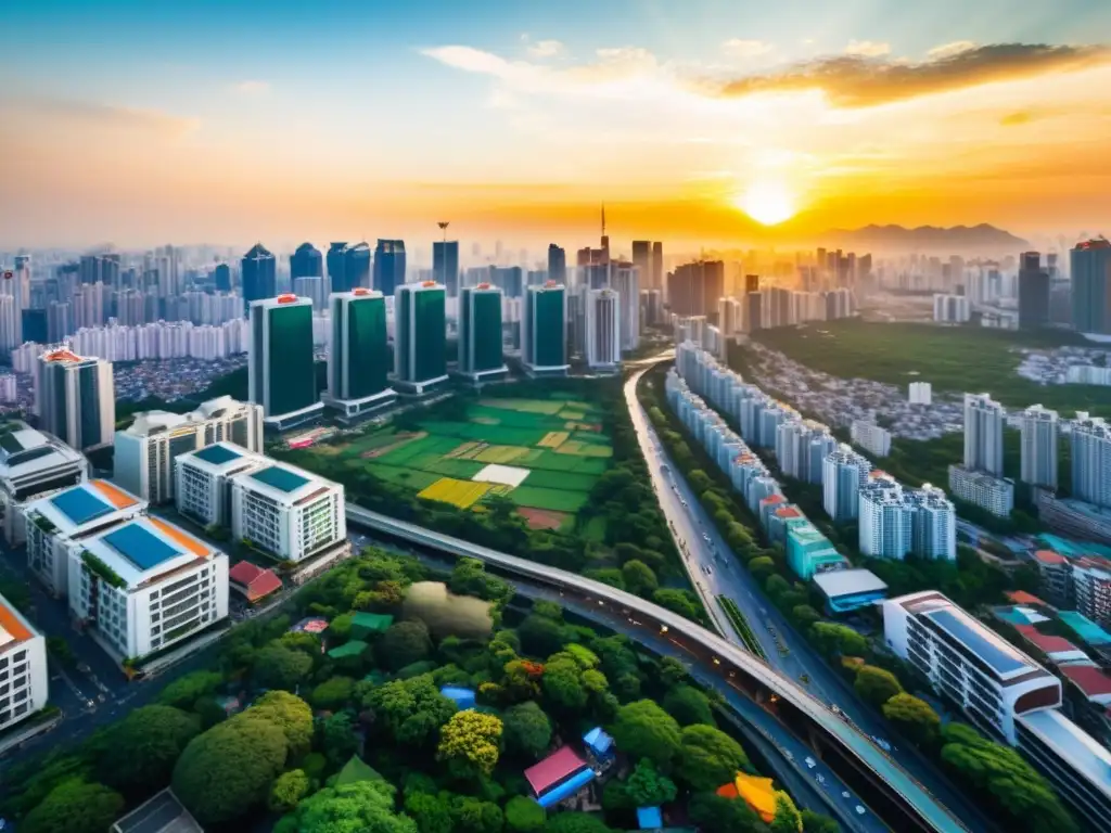Metrópolis asiática: luces, sombras y oportunidades Vista aérea impresionante de una bulliciosa metrópoli asiática al atardecer, con rascacielos imponentes y calles llenas de vida