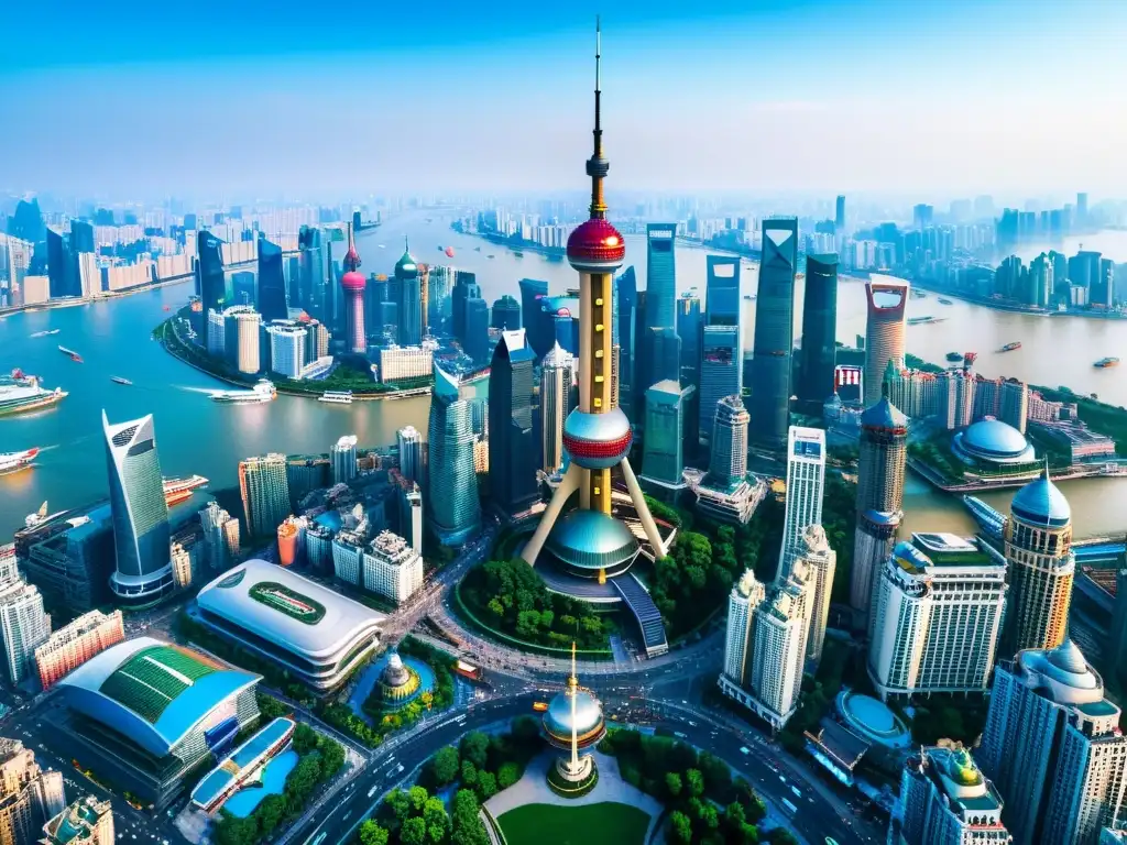 Vista aérea impresionante de la bulliciosa ciudad de Shanghai, con rascacielos imponentes y la icónica Torre de la Perla Oriental