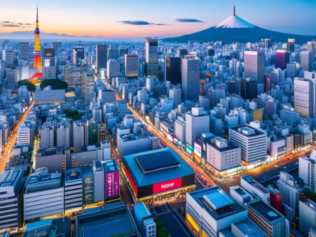 Vista aérea impresionante de las bulliciosas calles de Tokio, con rascacielos imponentes y una mezcla de arquitectura tradicional y moderna