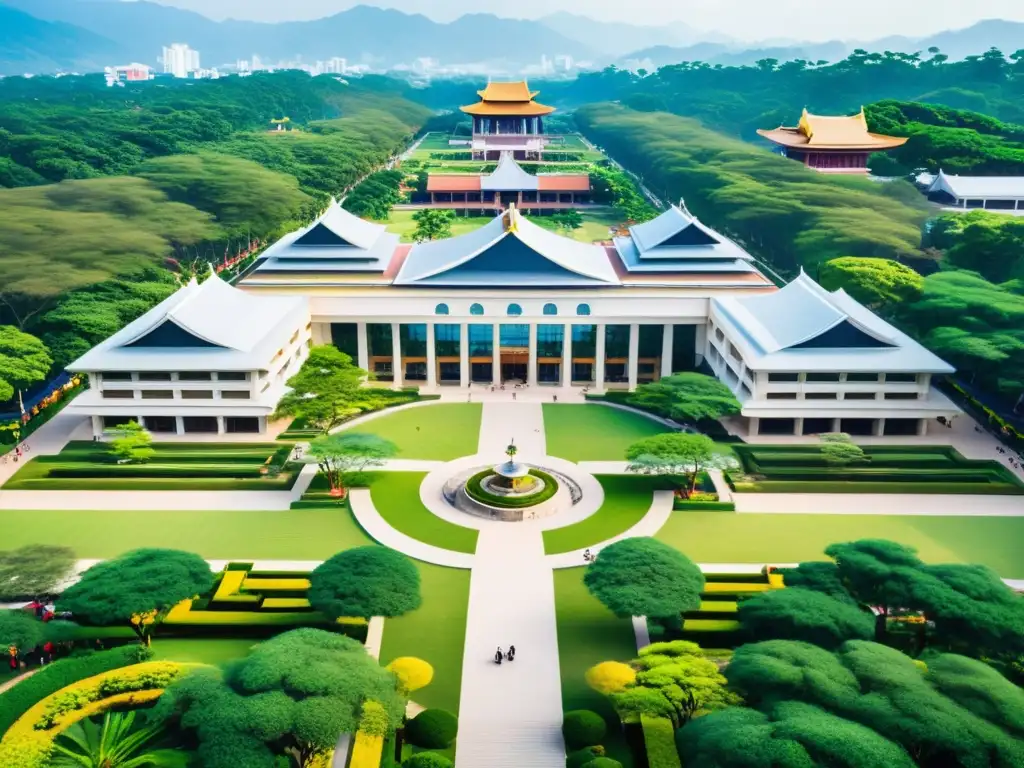 Vista aérea impresionante de un bullicioso campus universitario en Asia, con modernos edificios y exuberante vegetación