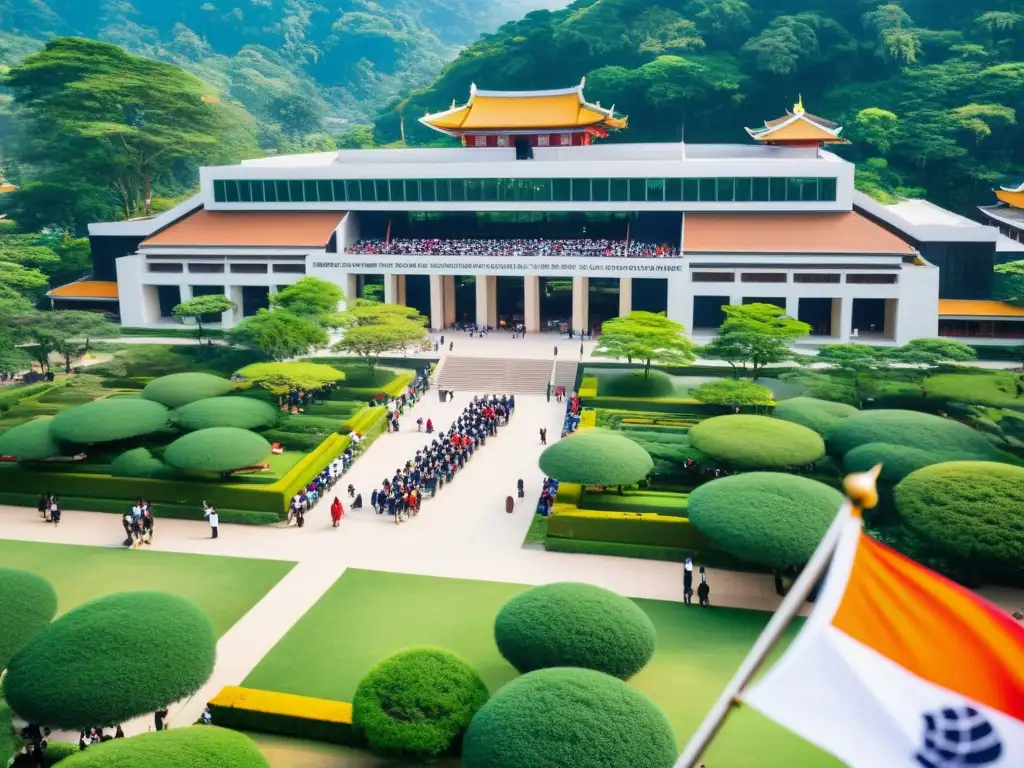 Vista aérea impresionante de un bullicioso campus universitario en Asia, con arquitectura moderna y elementos tradicionales