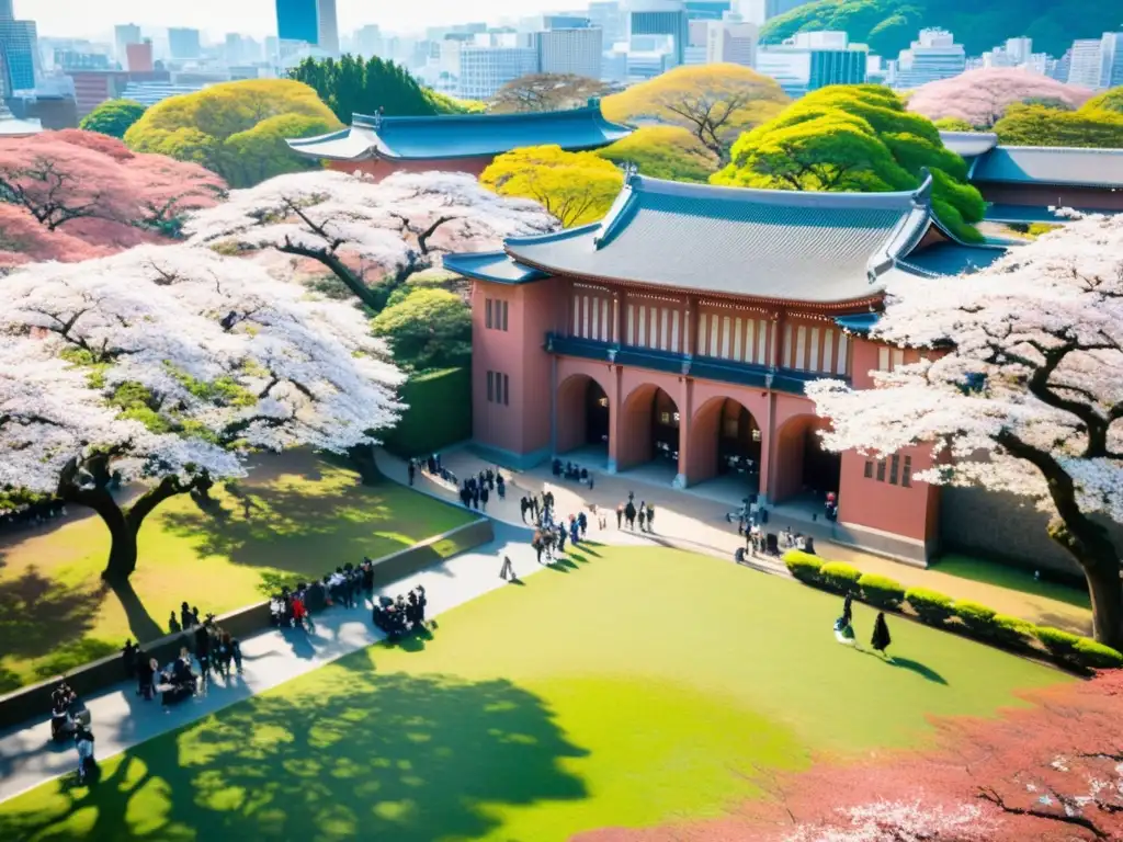 Vista aérea impresionante del bullicioso campus de la Universidad de Tokio, con edificios icónicos rodeados de árboles de cerezo en plena floración