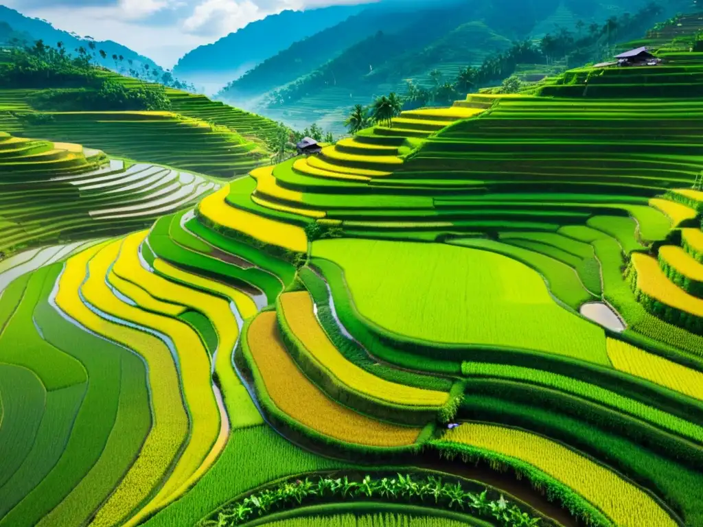 Vista aérea impresionante de campos de arroz escalonados en Asia, reflejando prácticas de gestión de suelos en la región