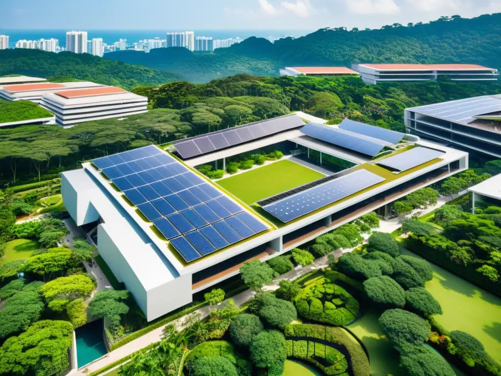 Vista aérea del impresionante campus universitario en Asia, con arquitectura futurista y diseño sostenible innovador entre exuberante vegetación