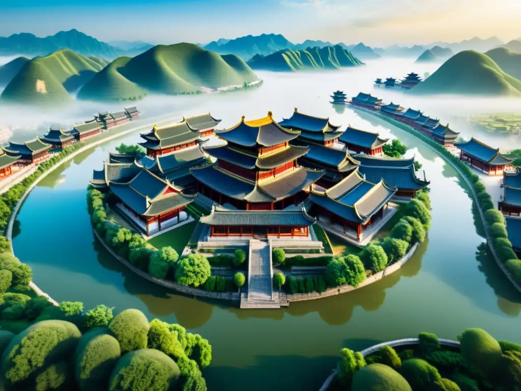 Vista aérea impresionante de la capital de la dinastía Zhou, con palacios intrincados, bulliciosos mercados y un majestuoso templo dedicado al Mandato del Cielo en China, rodeado de exuberante vegetación y ríos sinuosos, enmarcado por montañ