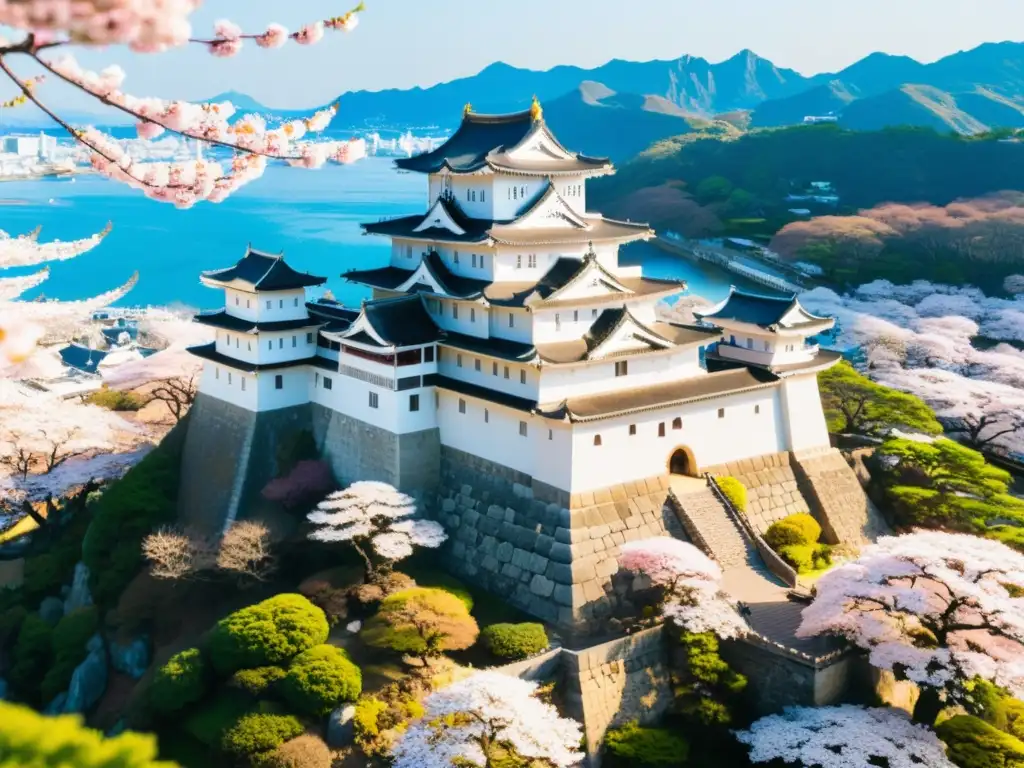Castillo de Himeji: Belleza entre flores de cerezo Vista aérea impresionante del Castillo de Himeji en Japón durante la temporada de sakura, rodeado de pétalos rosados