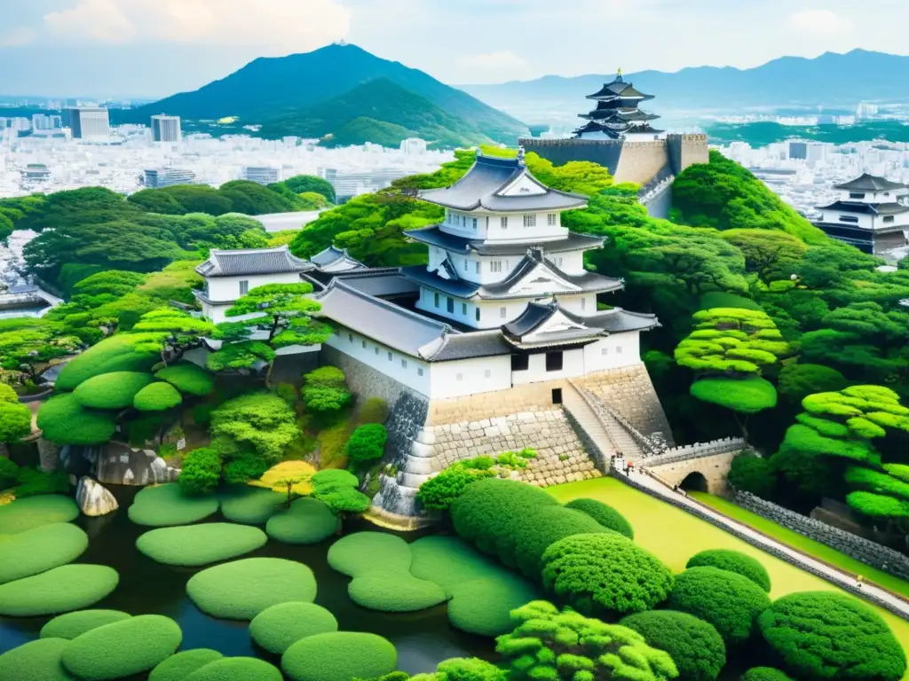 Una vista aérea impresionante del Castillo de Himeji en Japón, con sus muros blancos y torres rodeadas de exuberante vegetación