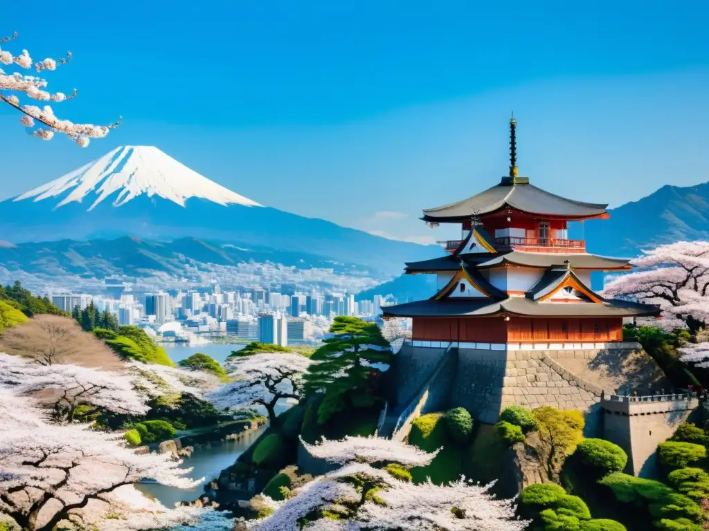 Vista aérea impresionante de un castillo japonés rodeado de cerezos en flor, con un cielo azul y montañas al fondo