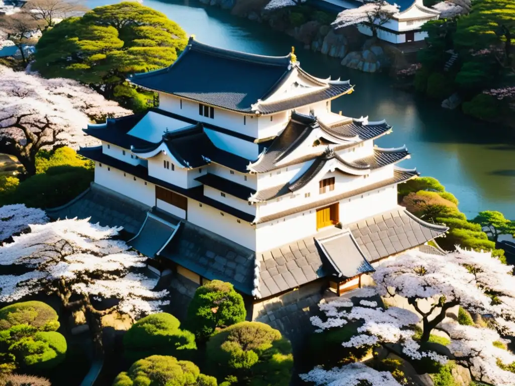 Vista aérea impresionante del Castillo de Himeji rodeado de árboles de cerezo en flor