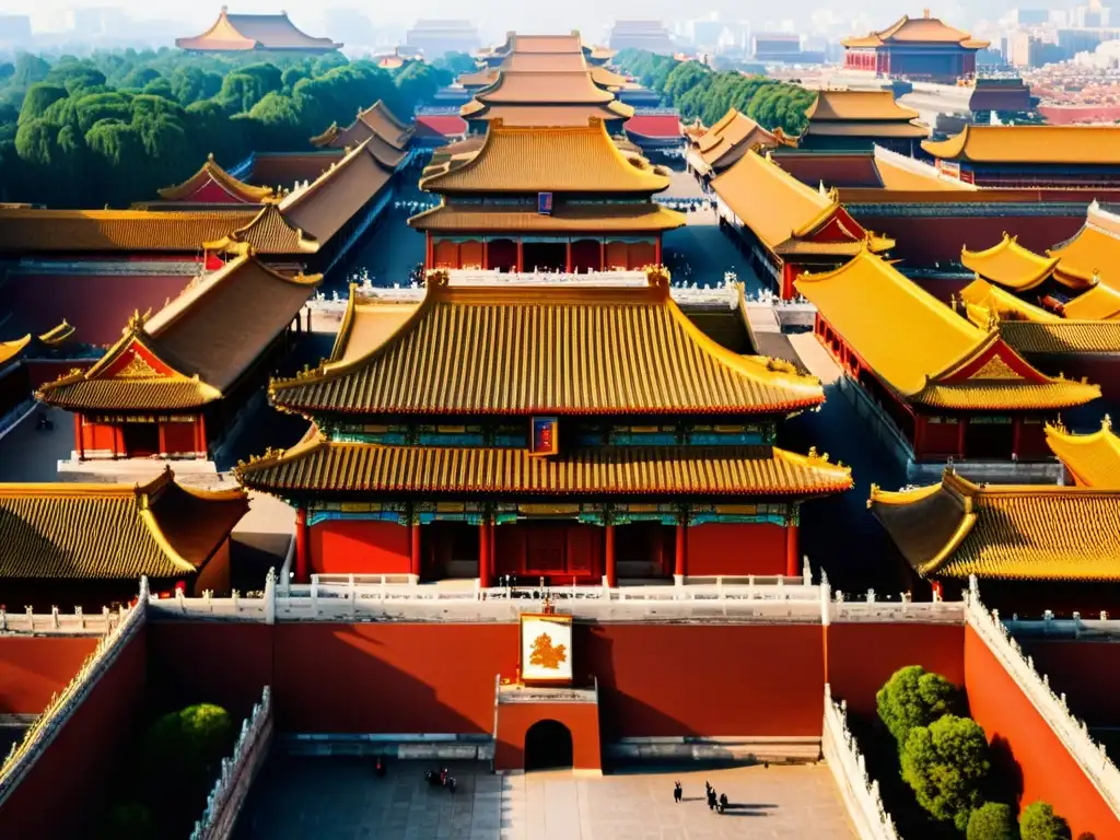 Esplendor histórico: Vista aérea de la Ciudad Prohibida en Beijing, China Vista aérea impresionante de la Ciudad Prohibida en Beijing, China, con su arquitectura tradicional china en rojo y dorado, detalladas estructuras de madera y techos adornados con motivos de dragón