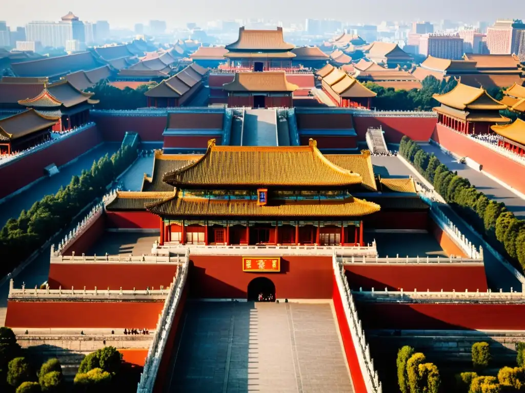 Vista aérea impresionante de la Ciudad Prohibida en Beijing, China, con su arquitectura imperial china, complejos patios y colores vibrantes