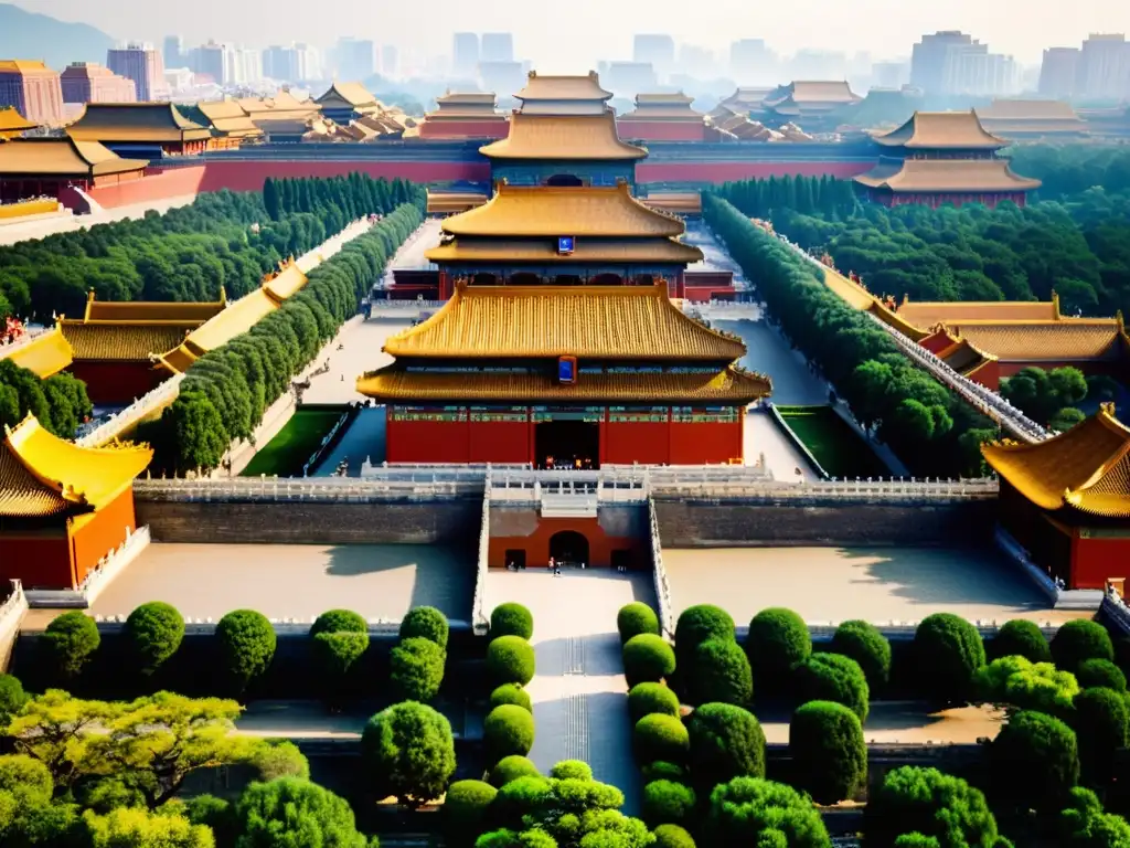 Vista aérea impresionante de la Ciudad Prohibida en Beijing, China, resaltando la influencia del Feng Shui en su arquitectura imperial