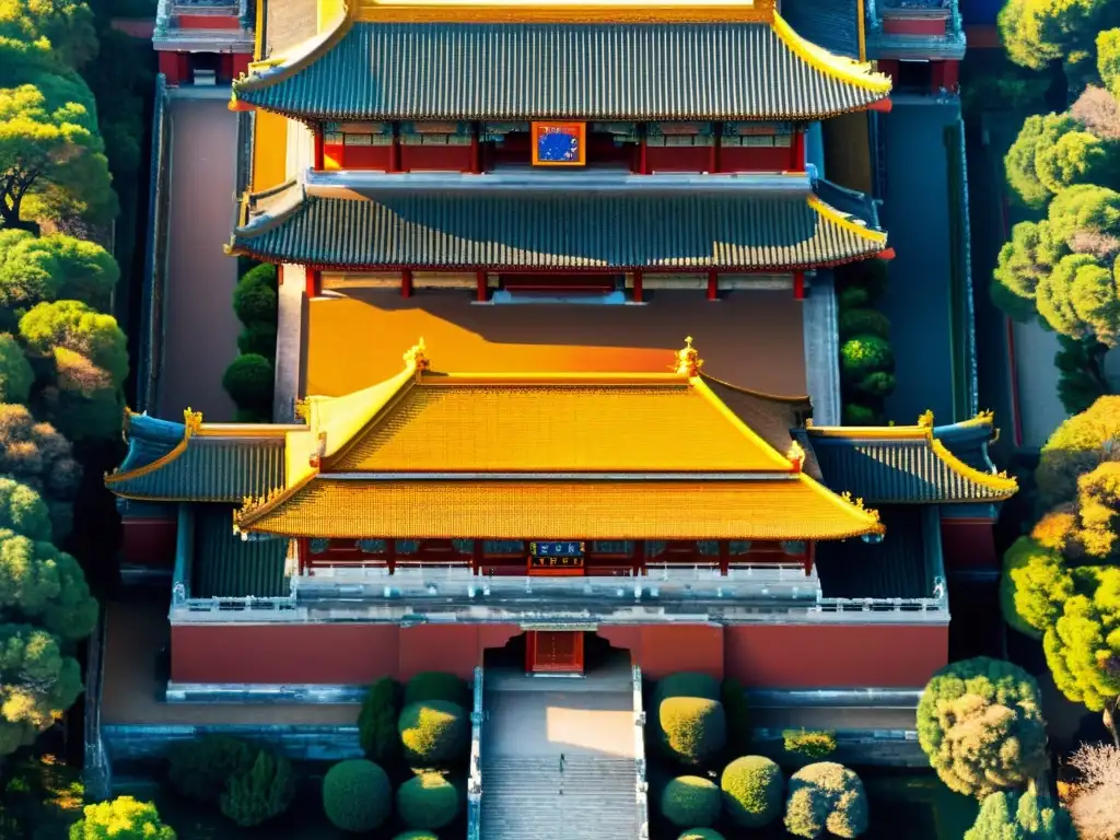 Vista aérea impresionante de la Ciudad Prohibida en Beijing, China, reflejando la influencia del Feng Shui en su arquitectura grandiosa