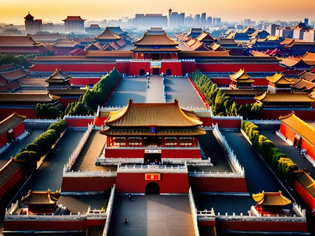 Vista aérea impresionante de la Ciudad Prohibida en Beijing, China, con la arquitectura antigua y el moderno horizonte