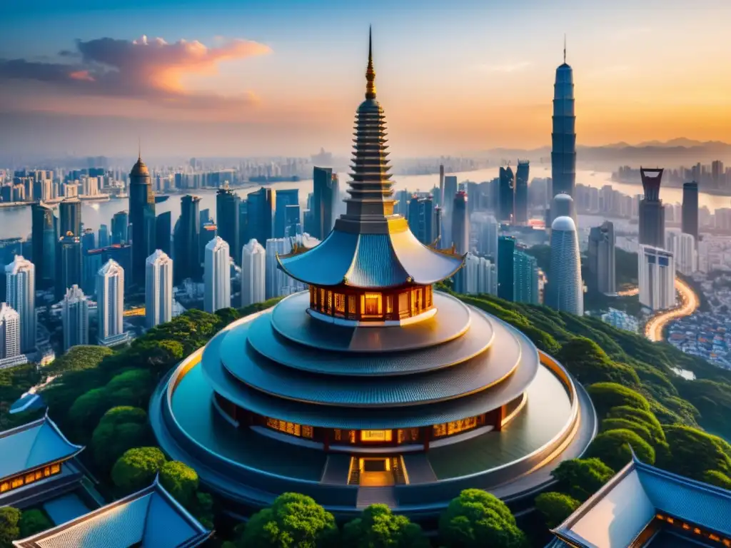 Vista aérea impresionante de una ciudad futurista en Asia, con una mezcla perfecta de arquitectura tradicional y diseño moderno