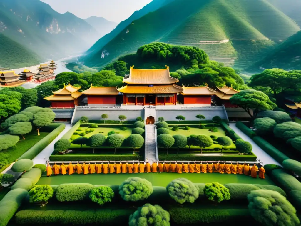 Vista aérea impresionante del complejo del Templo Shaolin con monjes practicando arte marcial entre montañas verdes