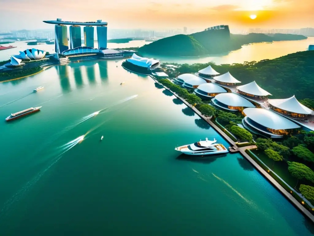 Vista aérea impresionante de la icónica Marina Bay Sands en Singapur, con su deslumbrante piscina infinita y la ciudad de fondo