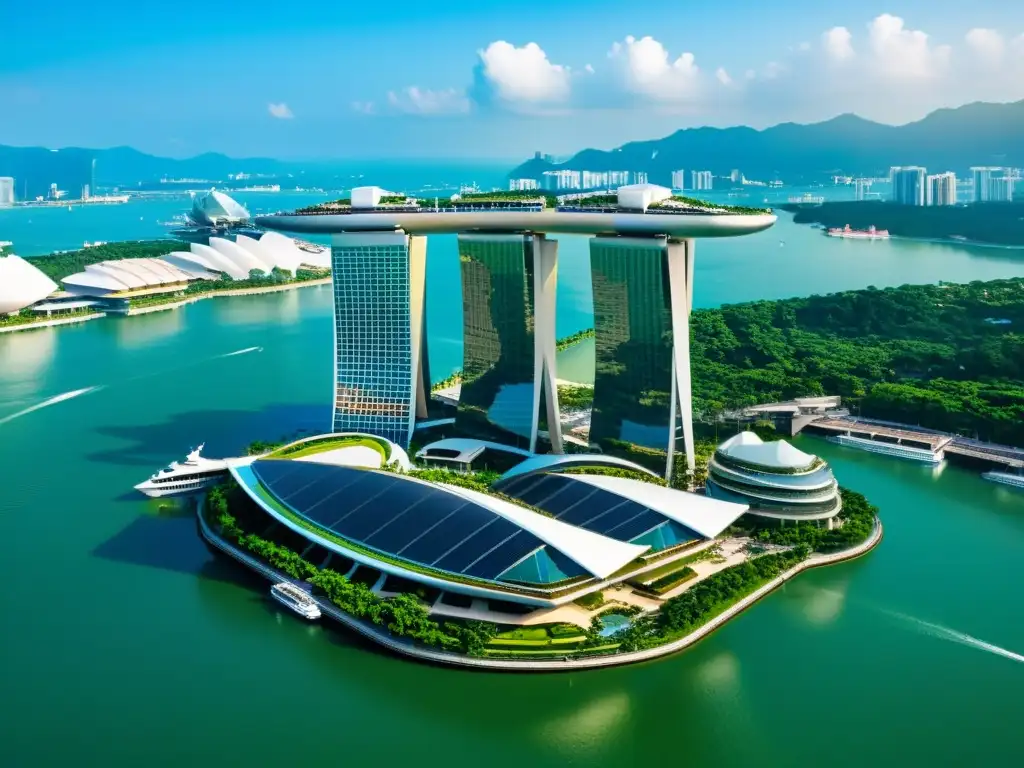 Vista aérea impresionante de Marina Bay Sands en Singapur, destacando su diseño arquitectónico innovador y espacios verdes