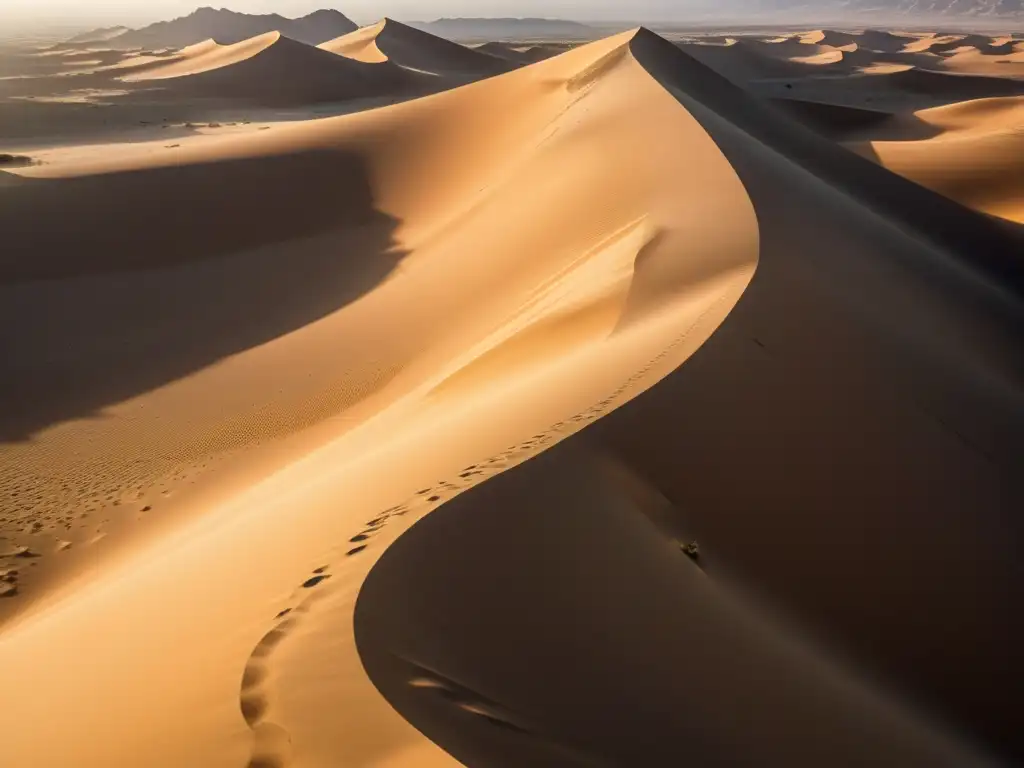 Vista aérea impresionante de las dunas del desierto árabe, con la luz dorada creando sombras dramáticas