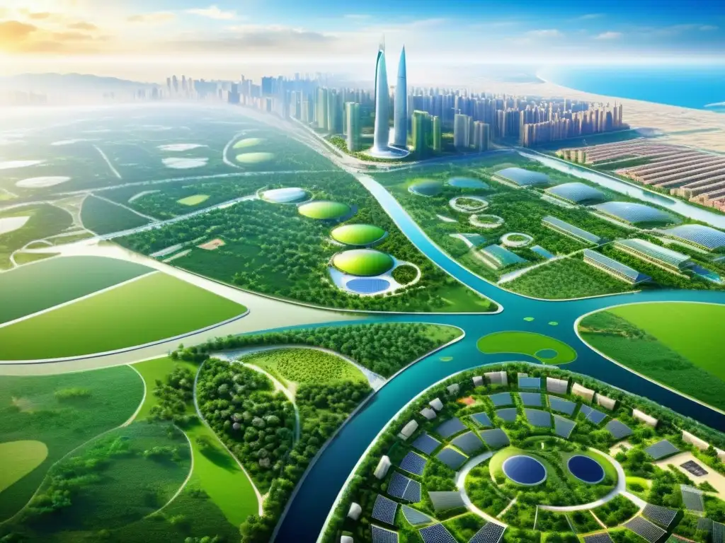 Vista aérea impresionante de la ecociudad planificada de Tianjin, China, destacando sus espacios verdes innovadores, arquitectura sostenible y sistemas de transporte público eficientes