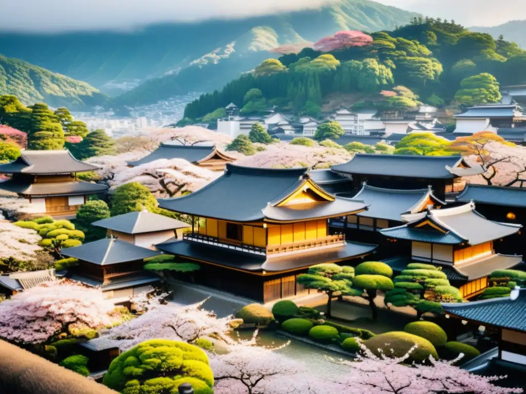 Kyoto: Belleza eterna con cerezos y templos Una vista aérea impresionante de Kyoto, Japón, con sus edificios tradicionales, jardines y templos entre los árboles de cerezo en flor