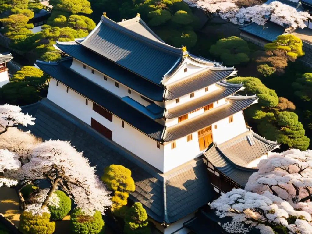 Himeji Castle: Esplendor Dorado y Flores de Cerezo Vista aérea de Himeji Castle, un impresionante ejemplo de arquitectura tradicional japonesa con los cerezos en flor en contraste