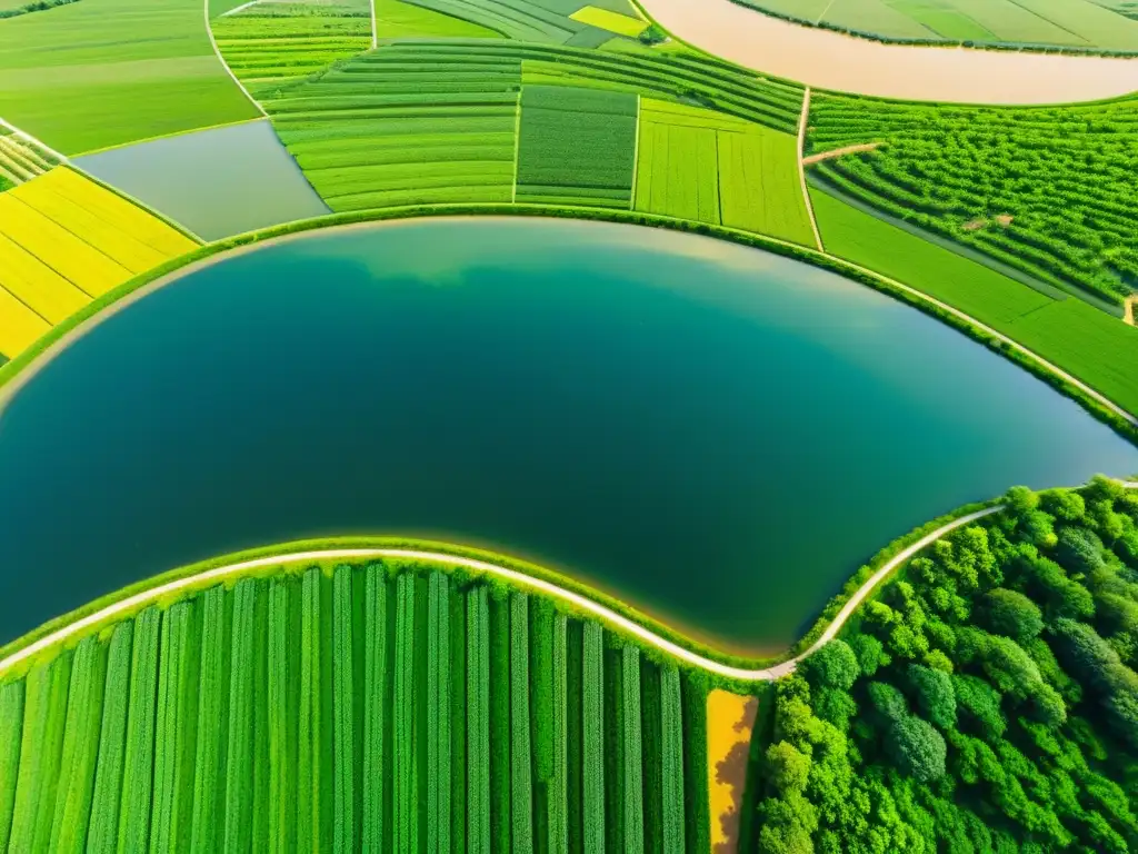 Vista aérea impresionante de estanques en la agricultura oriental, con campos verdes, canales y arquitectura tradicional