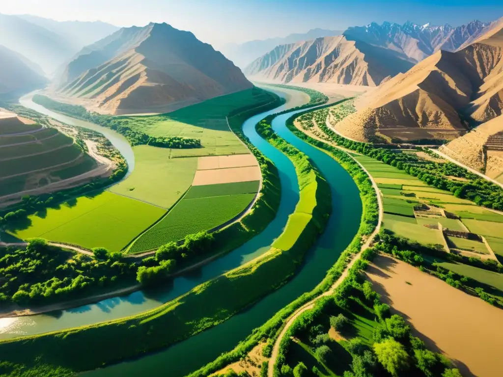 Vista aérea impresionante del exuberante Valle del Indo con el río Indo serpenteando, ruinas antiguas y asentamientos modernos