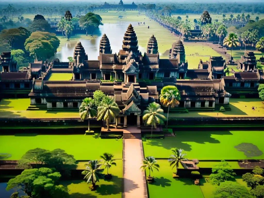 Vista aérea impresionante de Angkor Wat, resaltando su grandeza arquitectónica y belleza natural