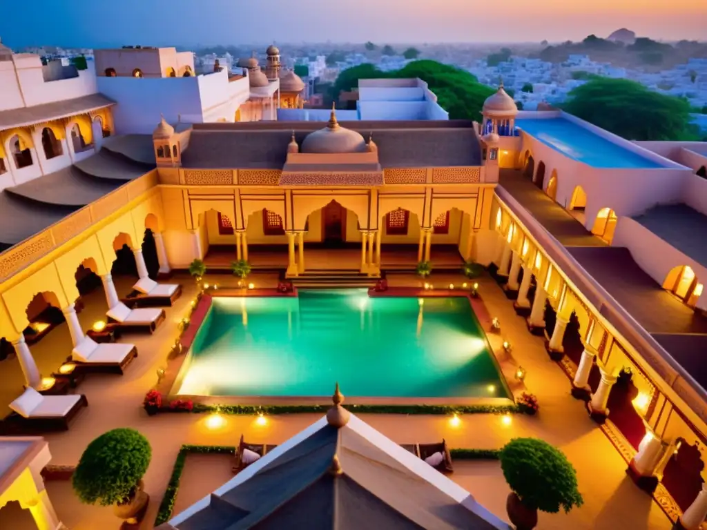 Vista aérea impresionante de un Haveli convertido en hotel de lujo en la vibrante India, fusionando encanto antiguo con moderna opulencia