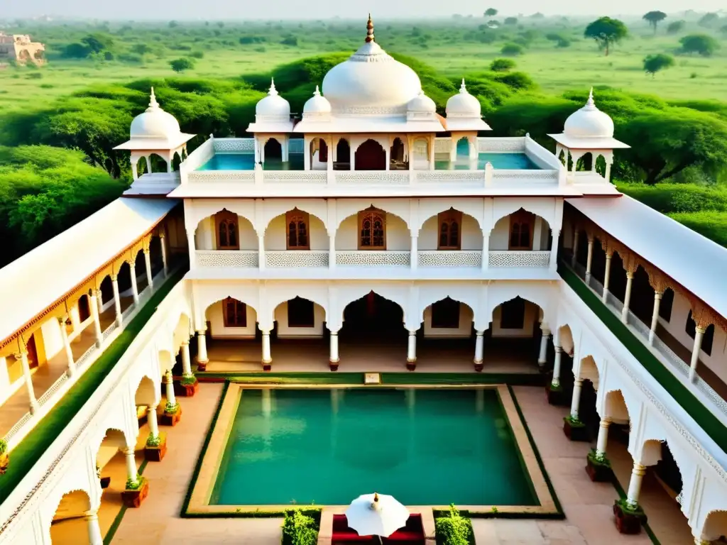 Vista aérea impresionante de un Haveli convertido en hotel de lujo en India, con arquitectura intrincada y colores vibrantes